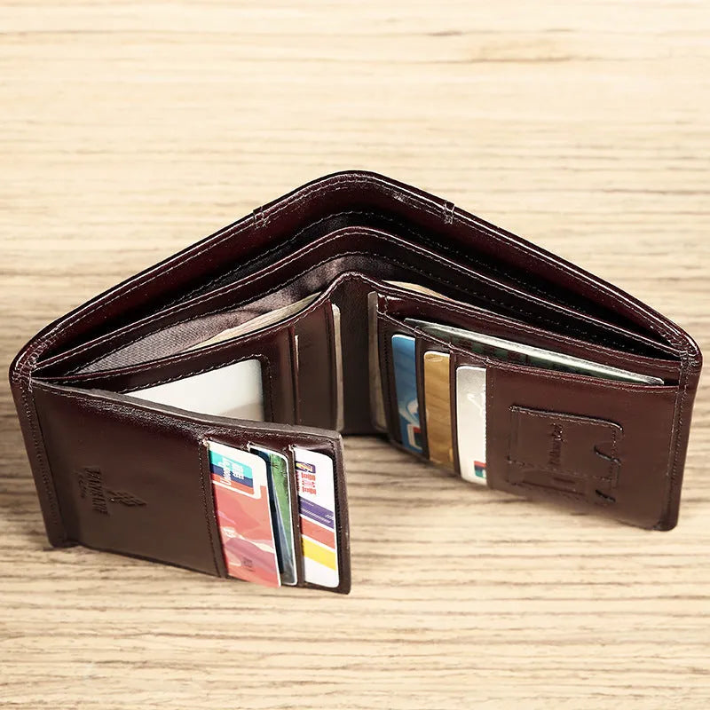 Men's black leather wallet open to show internal card slots, coin pocket, photo holder, and document section.