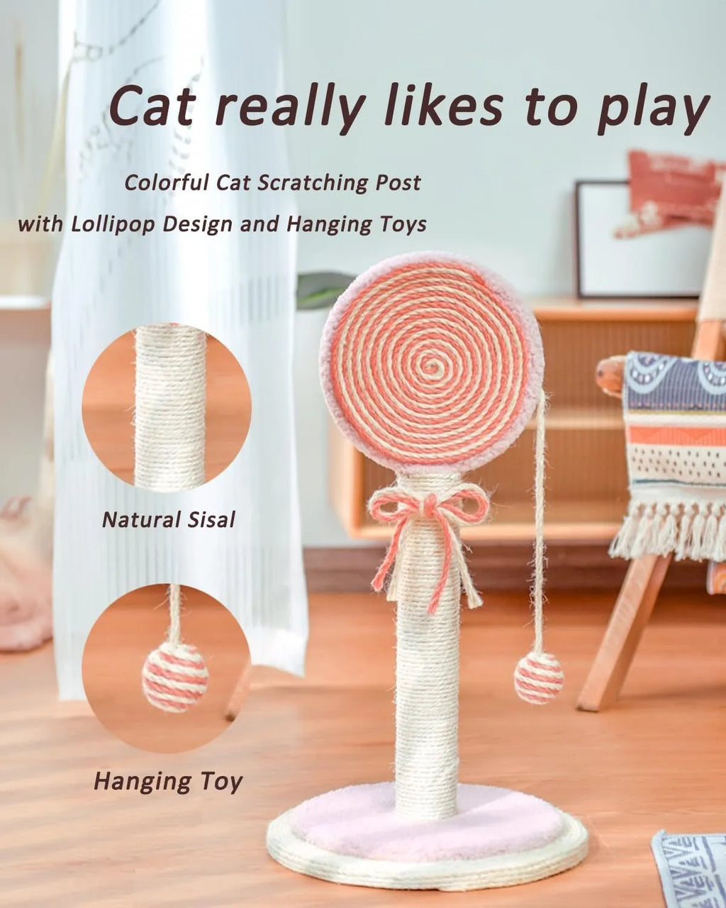 Blue cat scratching post with natural sisal rope, hanging ball, and wide heavy-duty base.