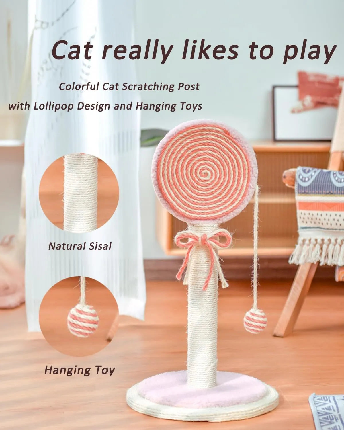 Blue cat scratching post with natural sisal rope, hanging ball, and wide heavy-duty base.