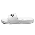 Men's large personalised open toe slippers with rubber soles available in black and white colours