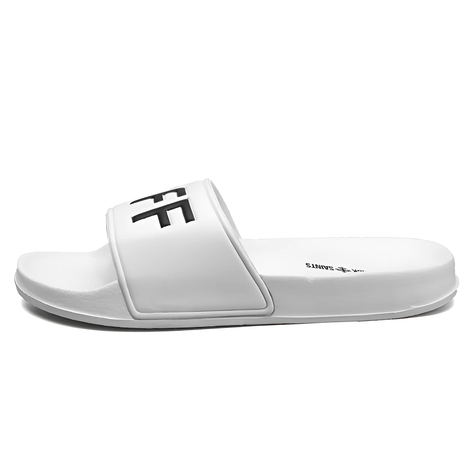 Men's large personalised open toe slippers with rubber soles available in black and white colours