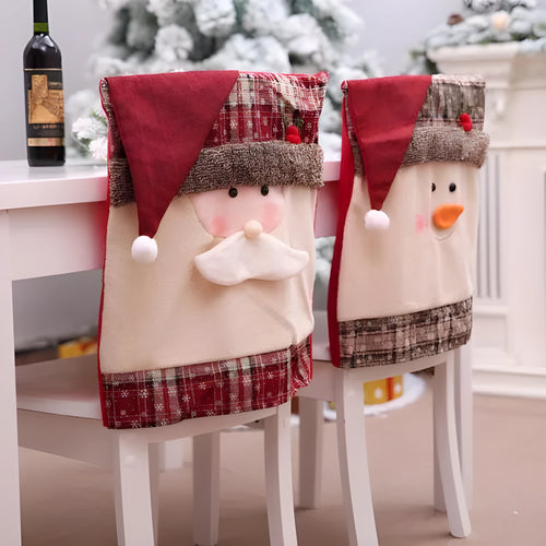 Christmas chair covers set with Santa Claus, Snowman, and Santa hat designs on dining chairs