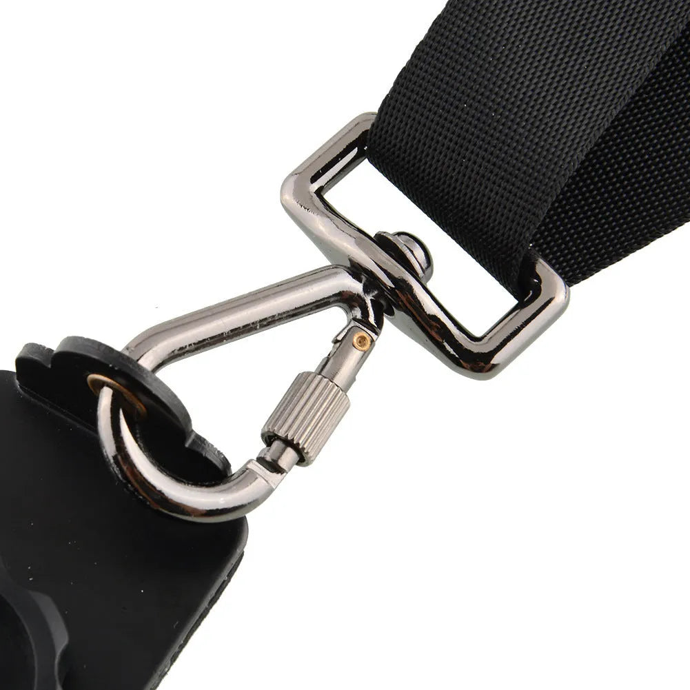 Black professional dual SLR camera shoulder strap showing two camera attachments and thick sponge padding.