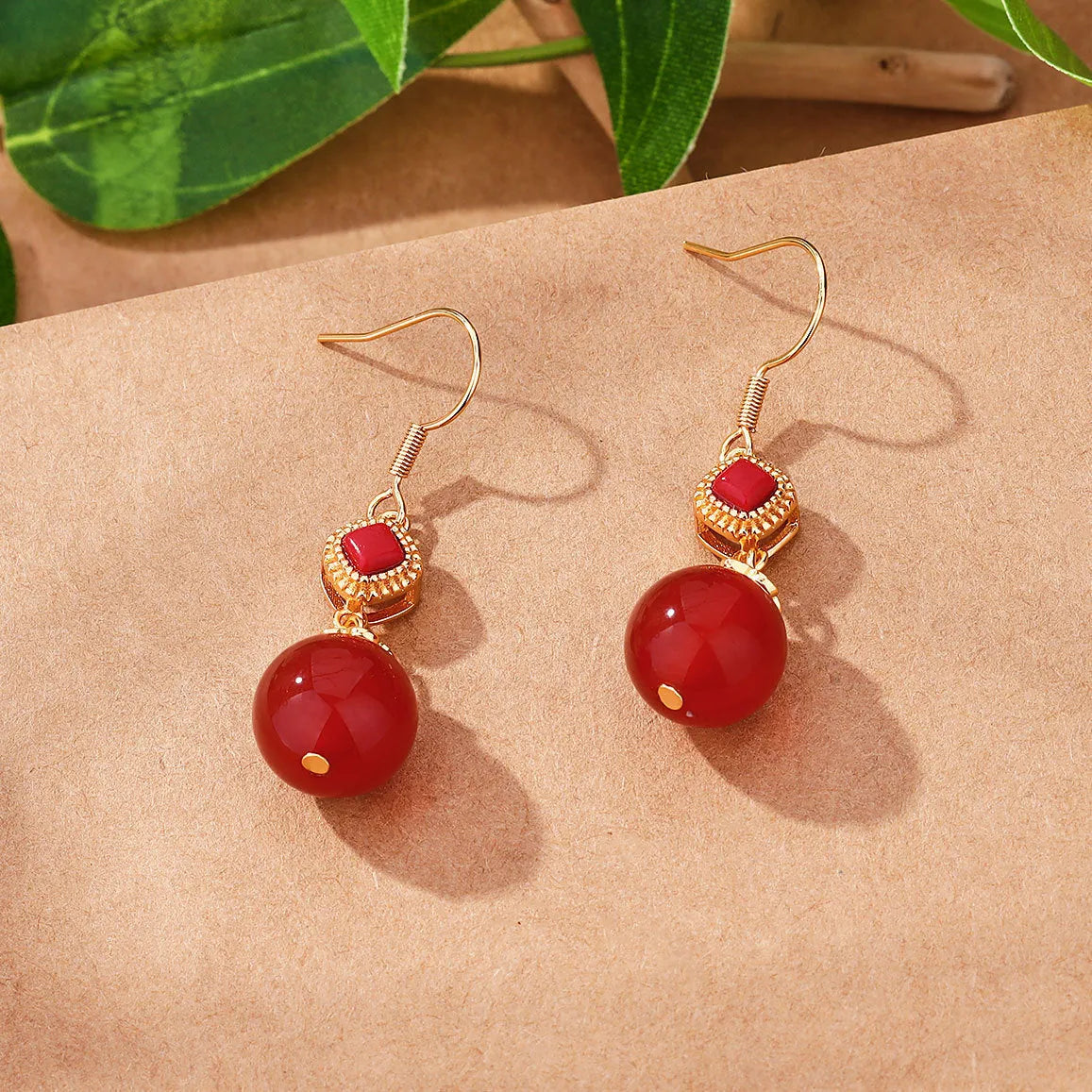 Southern Red Agate round bead earrings with S925 silver geometric inlay on copper alloy frame