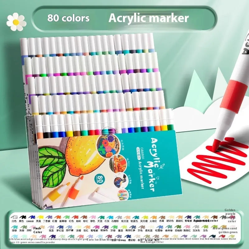Set of acrylic marker pens with plastic barrels in multiple vibrant colours for student painting projects