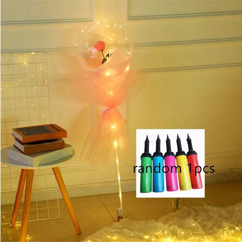 Transparent round LED luminous balloon rose bouquet with artificial flower and lights for DIY assembly