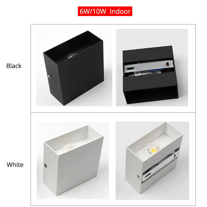 Black, grey, or white cube wall lamp with aluminium housing for corridor and garden lighting.