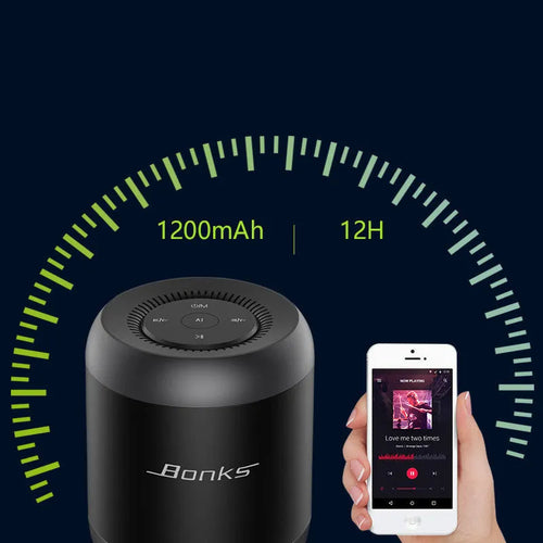 Black and white Bluetooth speaker with AI voice control showing button interface