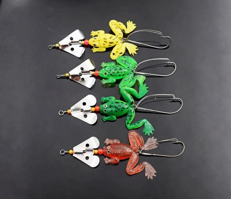 Frog-shaped fishing lure with revolving sequins and anti hanging bottom hook, 6.2g, on a white background