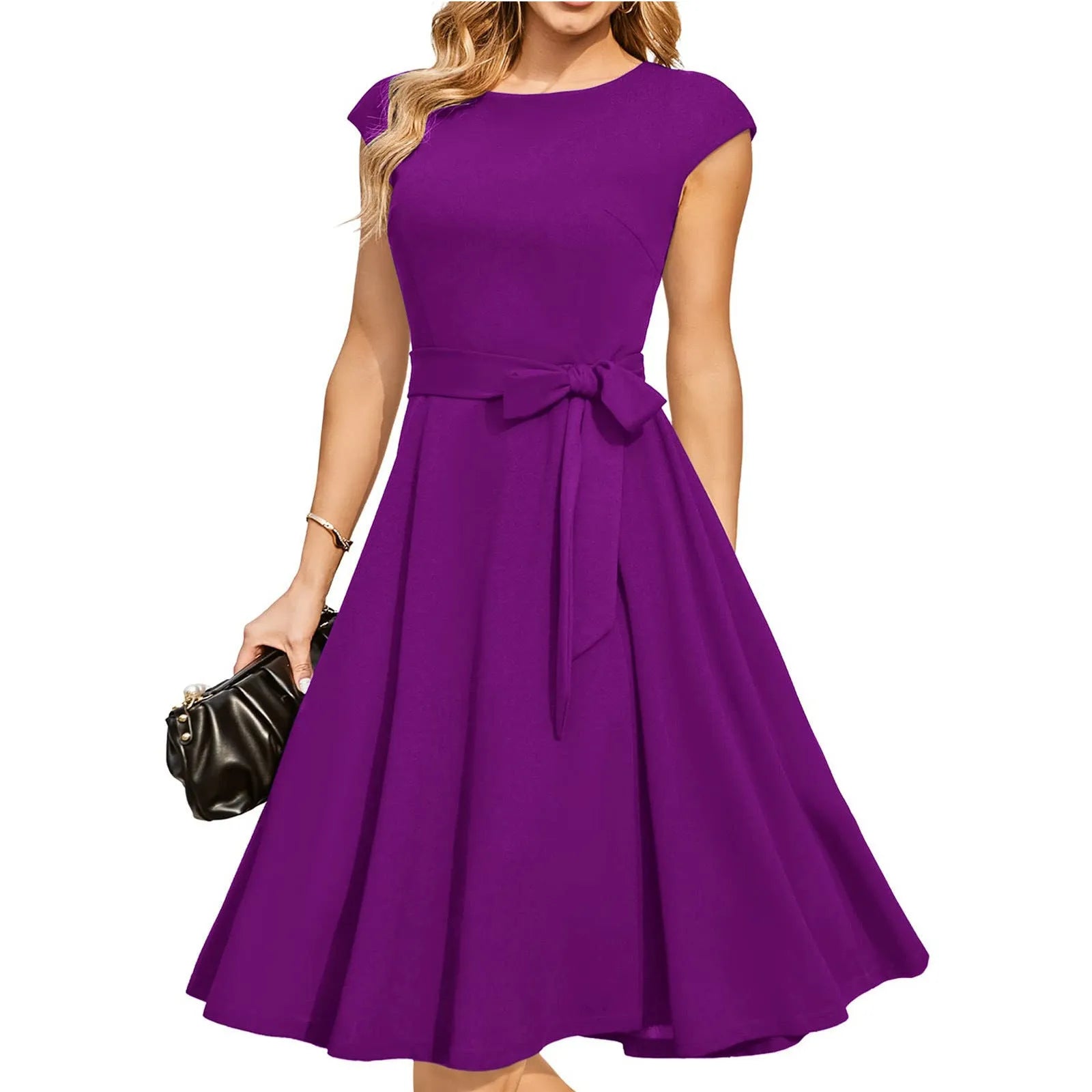 Black sleeveless party dress with lace-up waist and oversized swing skirt mid-length design