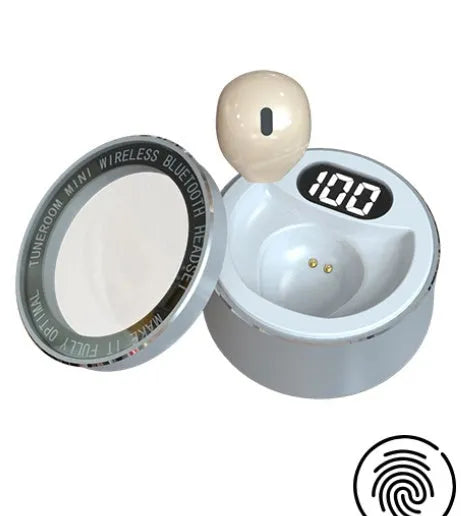 Invisible 9mm skin tone Bluetooth touch earphone shown next to white and pink colour options.