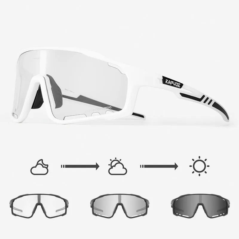 Photochromic cycling sports goggles with TR90 frame and semi-rimless design shown in multiple colour options.