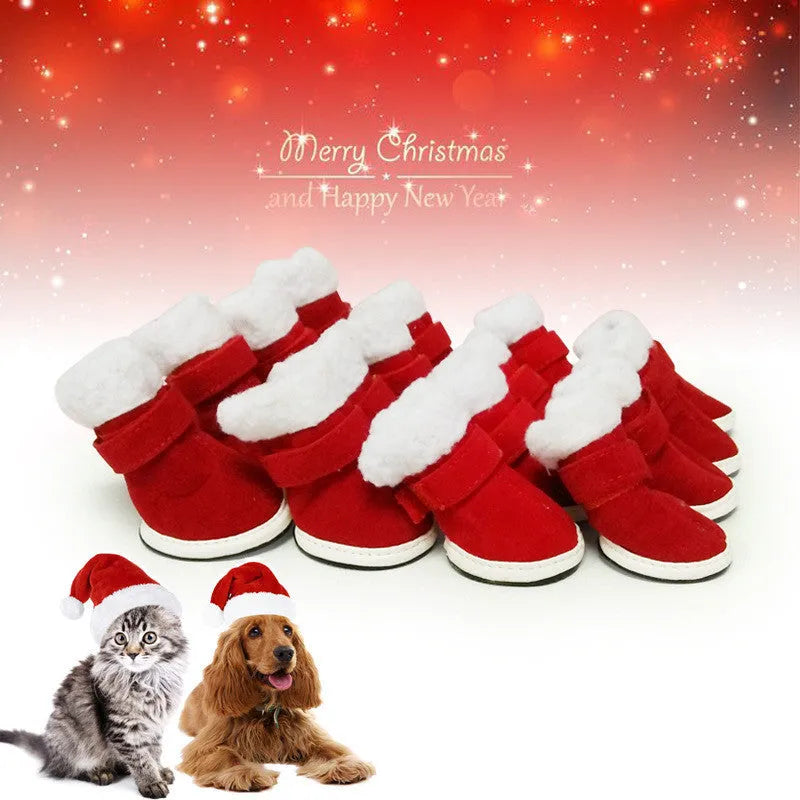 Red pet warm plush Christmas shoes with non-slip rubber sole for small dogs on a festive background