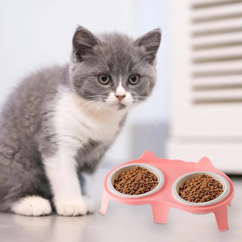 Blue elevated ceramic pet bowl set with two bowls and a stand with hook