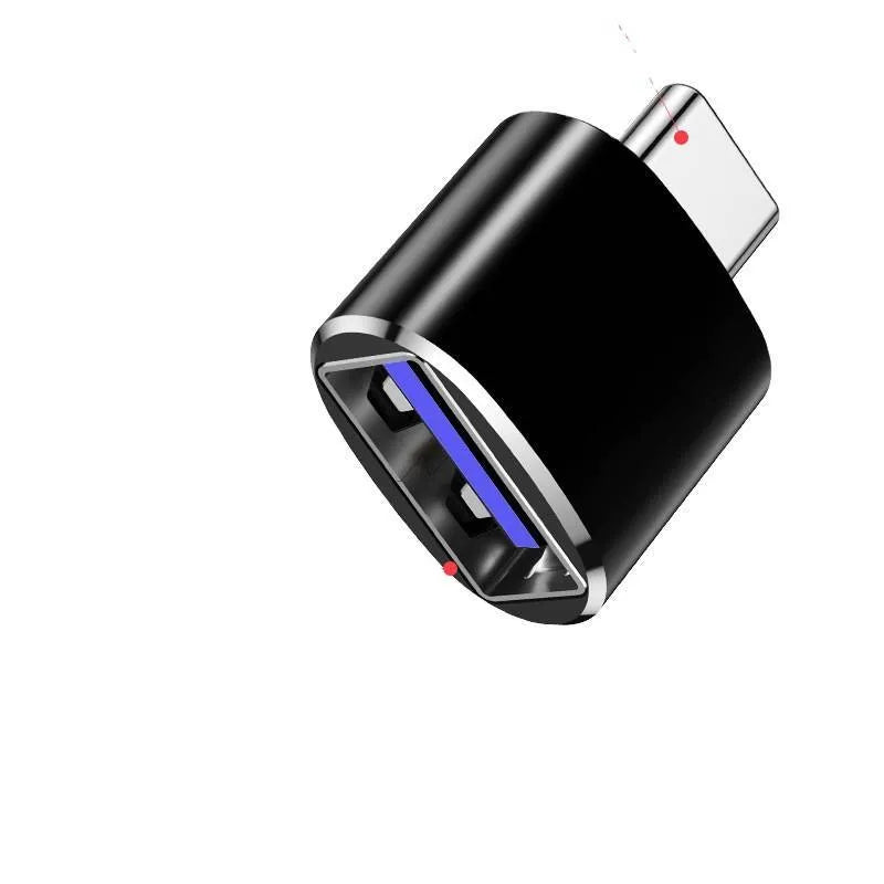 USB-C to USB-A OTG adapter in black, gold, and silver colour options for smartphones and tablets.