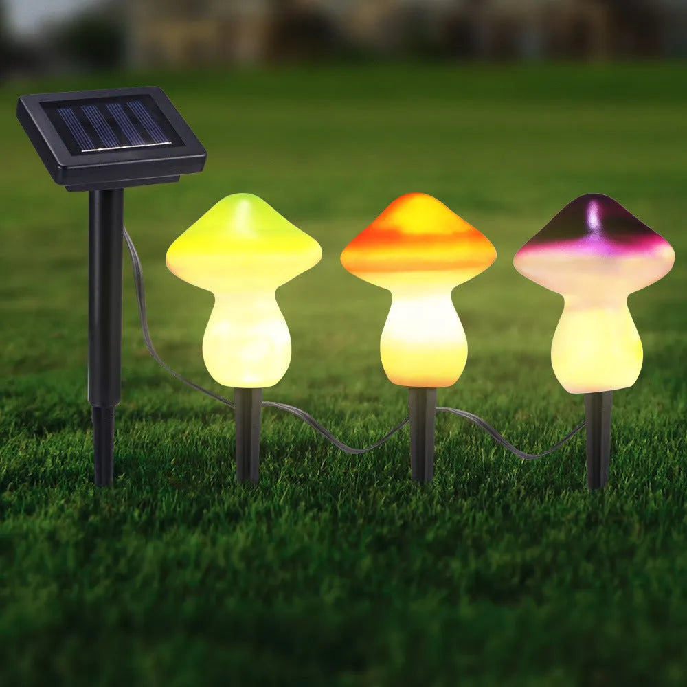 Solar courtyard landscape light set with red multicolour mushroom lamp, black plastic, IP44, LED, solar panel with cord