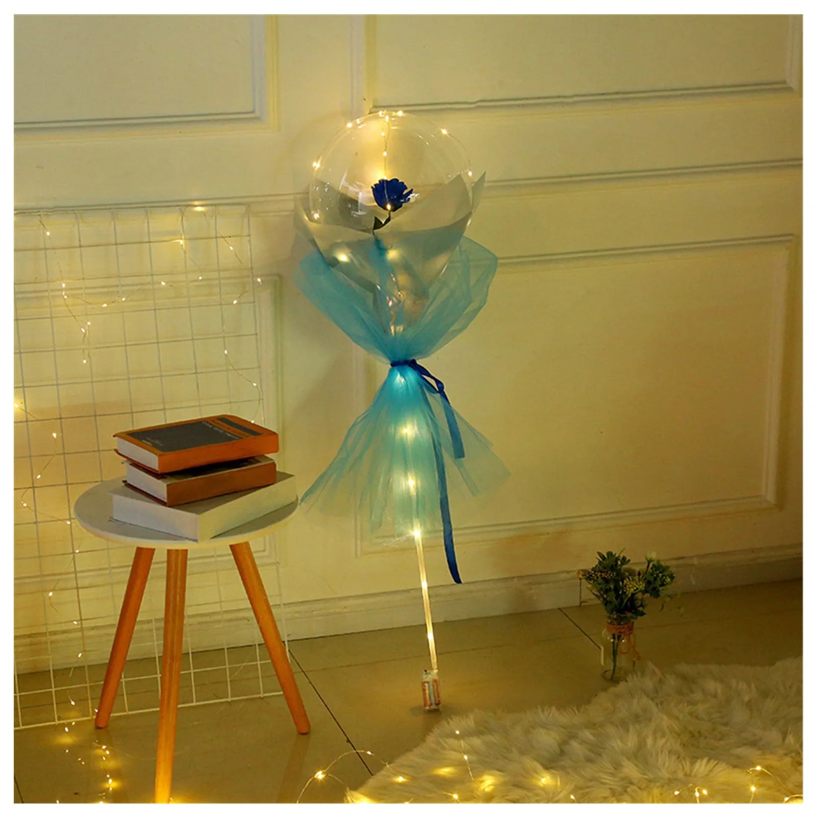Transparent round LED luminous balloon rose bouquet with artificial flower and lights for DIY assembly