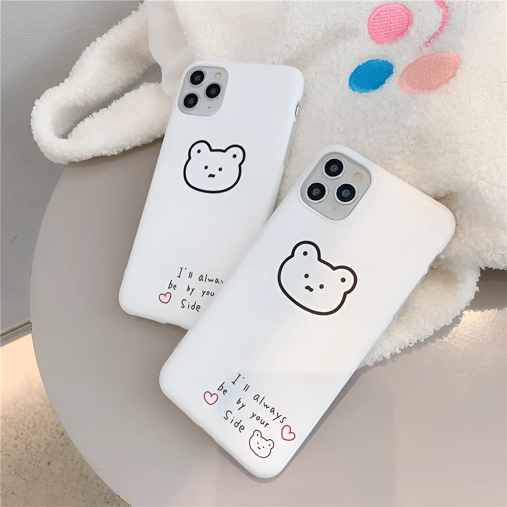 Soft silicone Apple iPhone case with a Korean cartoon bear design on the back.