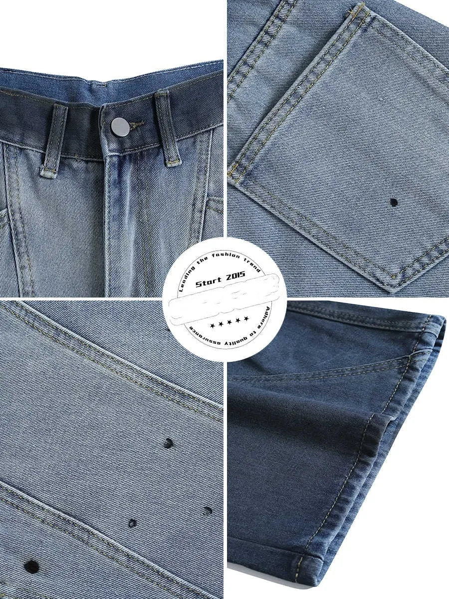 Blue tie-dye gradient cropped jeans with a loose fit and mid waist