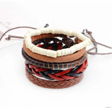 Handmade leather wrap bracelet with wooden beads and adjustable closure for men and women