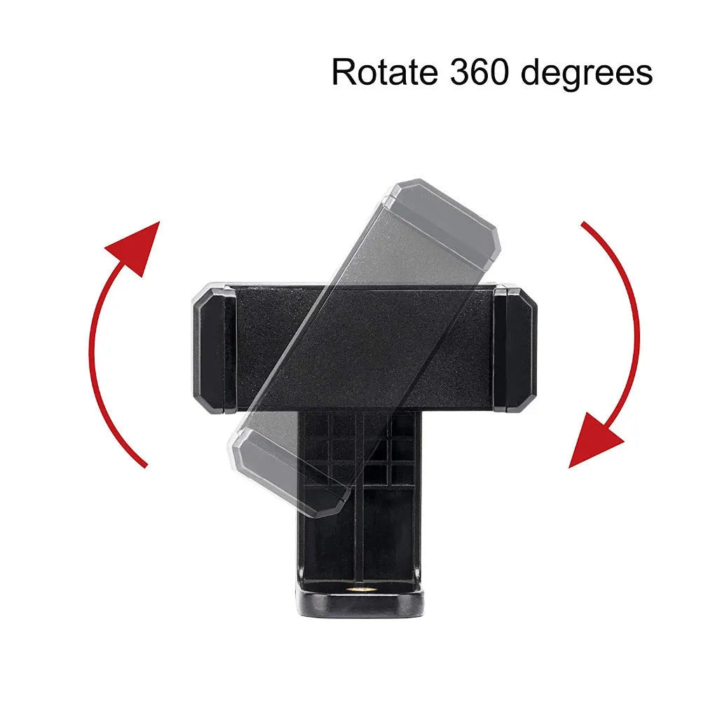 Black plastic rotating clamp phone holder on a desk, showing compact size and adjustable angle.