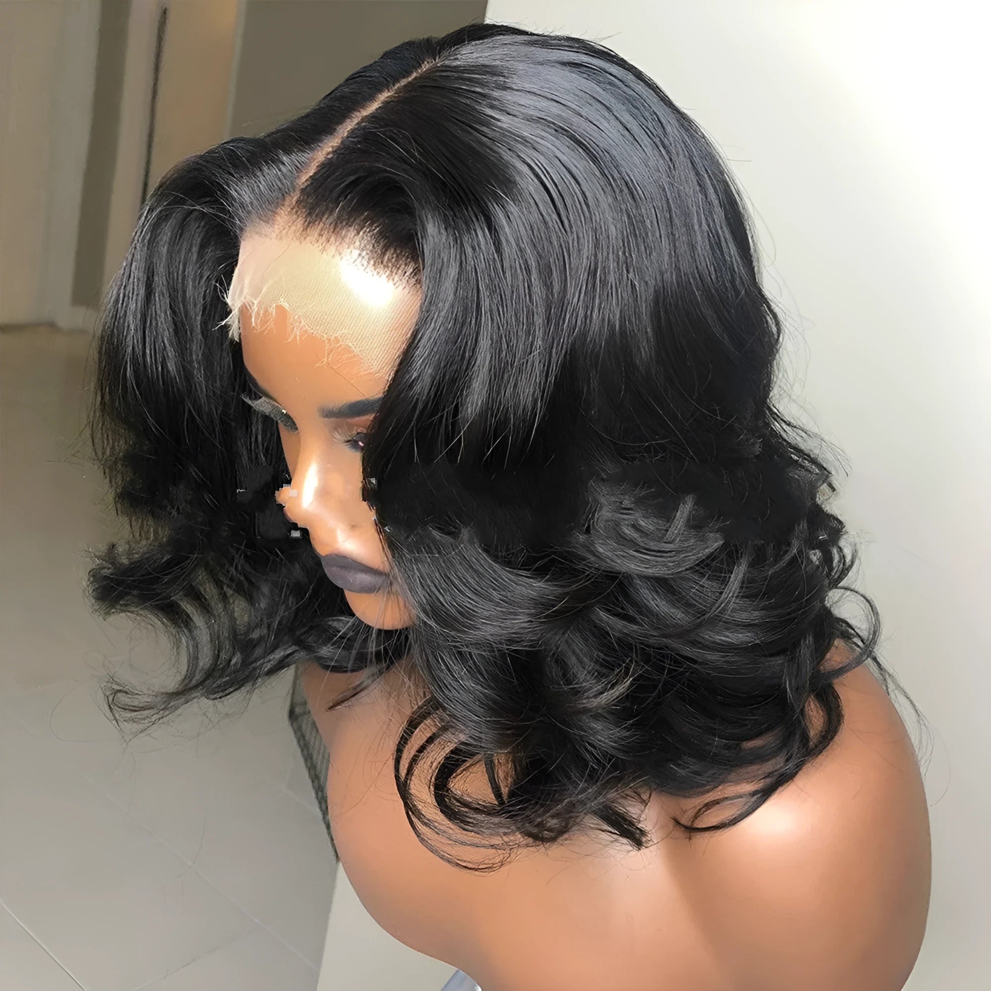 Front lace big wave wig in black with high temperature silk, half-hand knitting, middle part, 14-26 inch lengths, S M L cap sizes