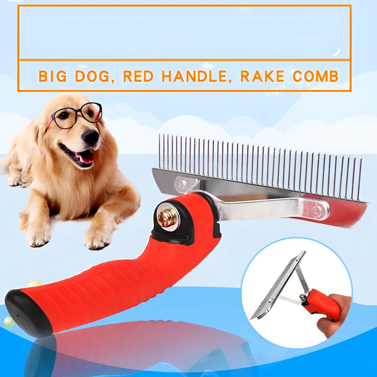 Large red dog comb with rubber handle and alloy steel teeth on surface
