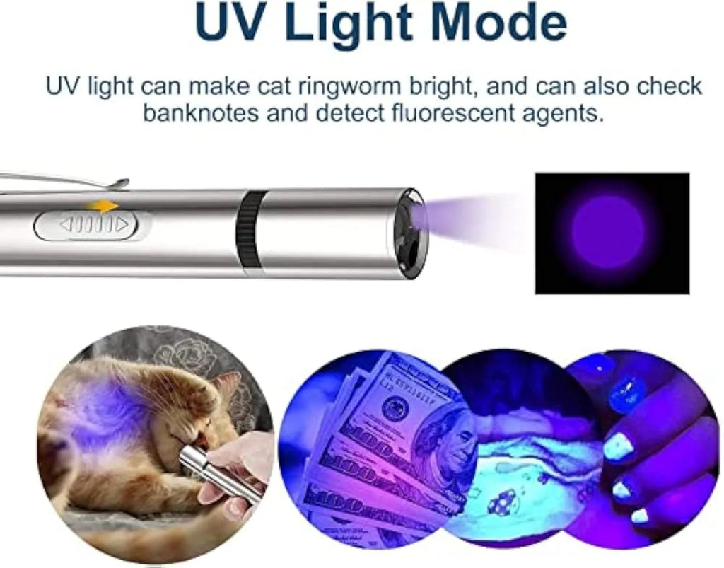 Silver aluminium alloy cat laser pointer wand showing pattern selection dial and USB charging port