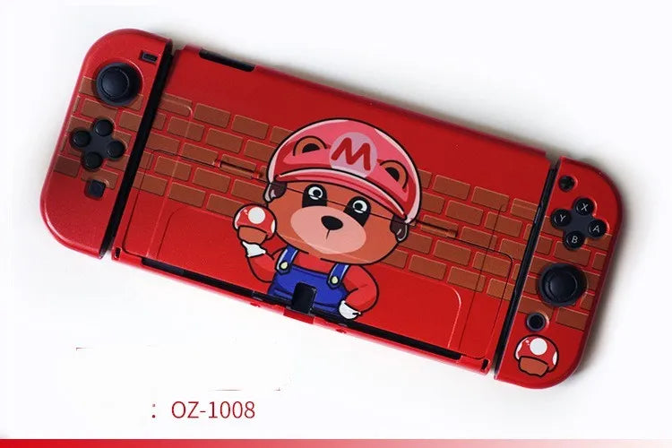 Nintendo Switch OLED hard protective case with cartoon pattern design showing front and back views