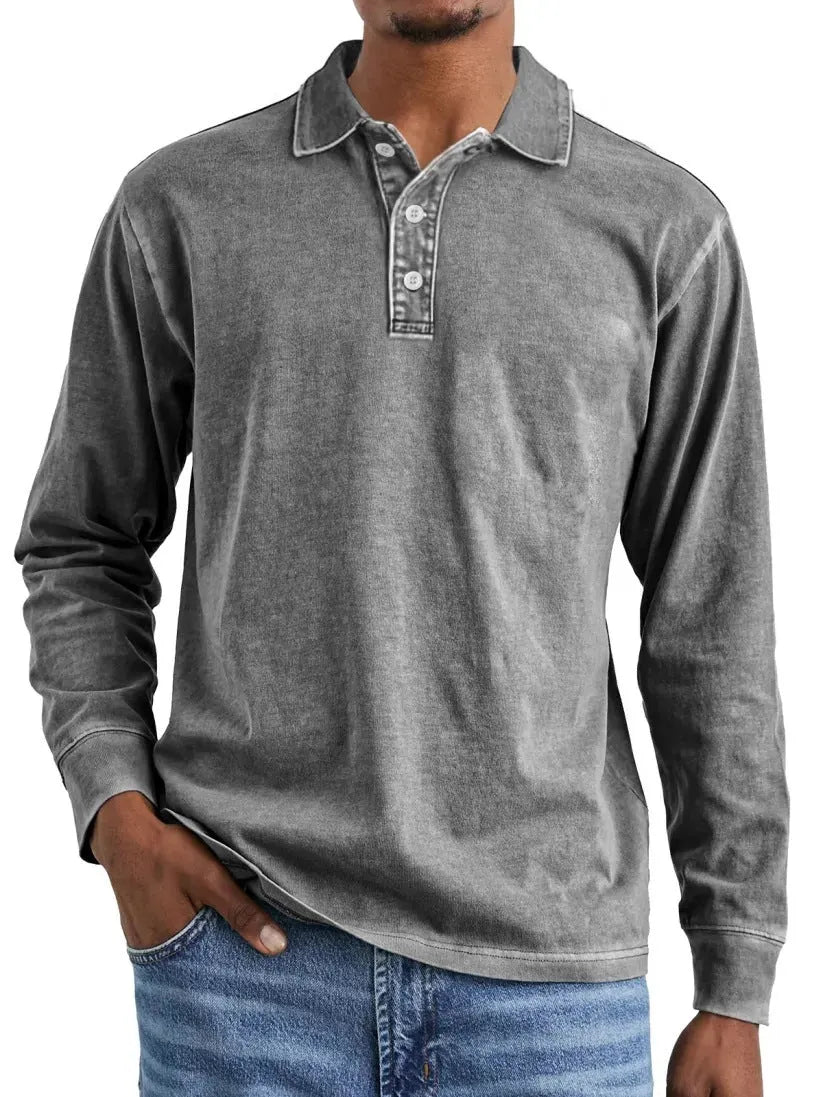 Man wearing a retro washed distressed cotton lapel long sleeve polo shirt in army green.