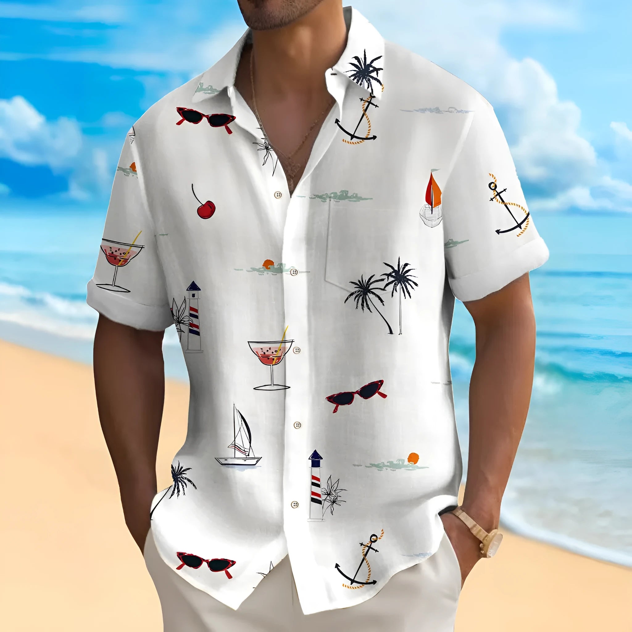 Man wearing a loose fit, short sleeve Hawaiian shirt with a colourful digital print pattern.