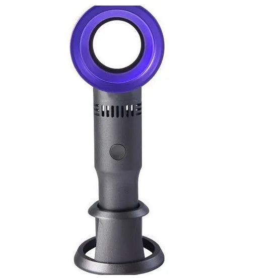 Compact portable bladeless desk fan with USB cable and base, shown in blue.