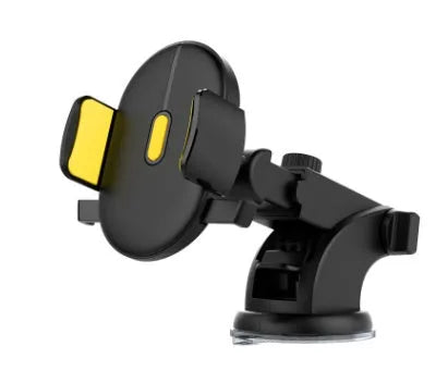 Yellow car phone holder with telescopic arm and suction cup mount on textured dashboard