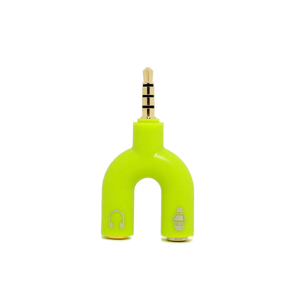 3.5mm audio splitter adapter in six colours for mobile phone, laptop, and tablet connection