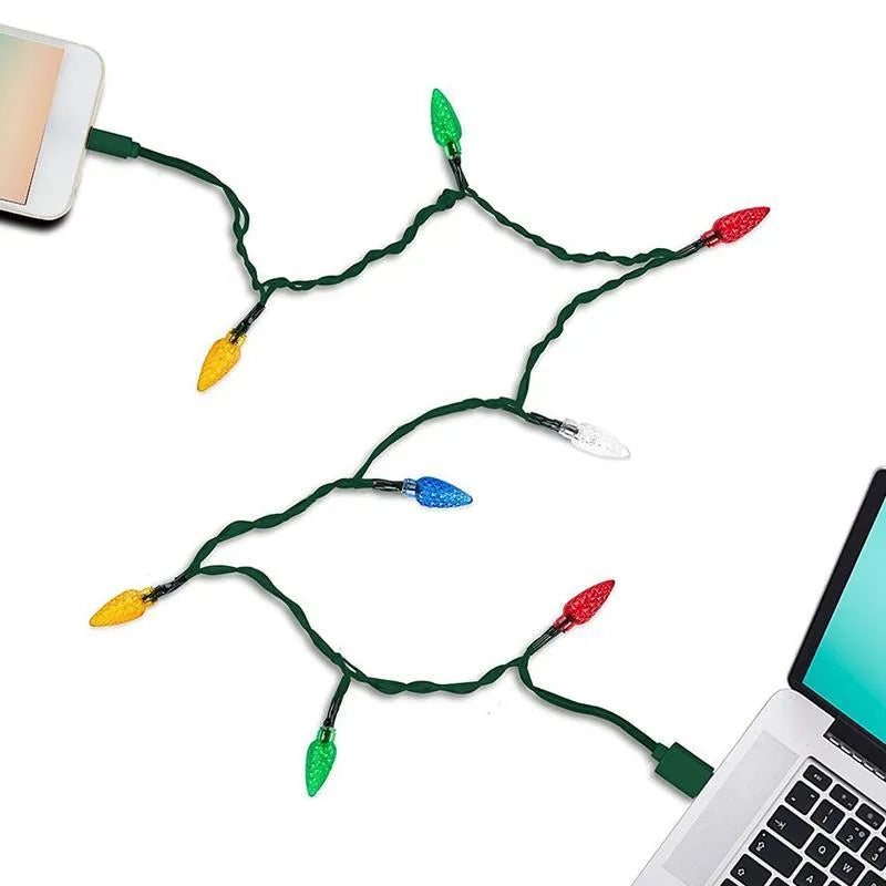 Green USB charging cable with 10 colourful LED lights flashing along its length