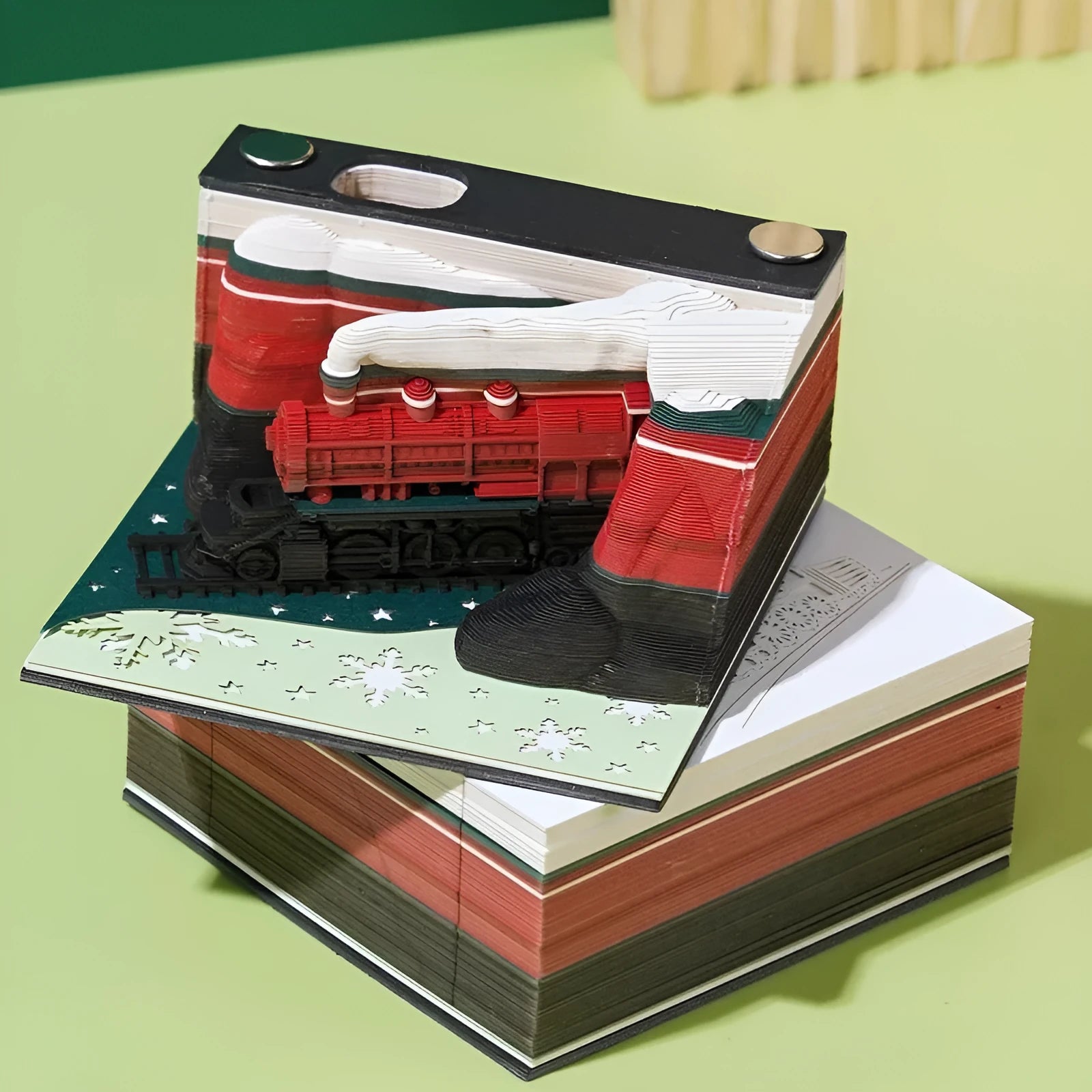 3D paper carving sticky notes notepad with Qingshui Temple design in Christmas Train colour.