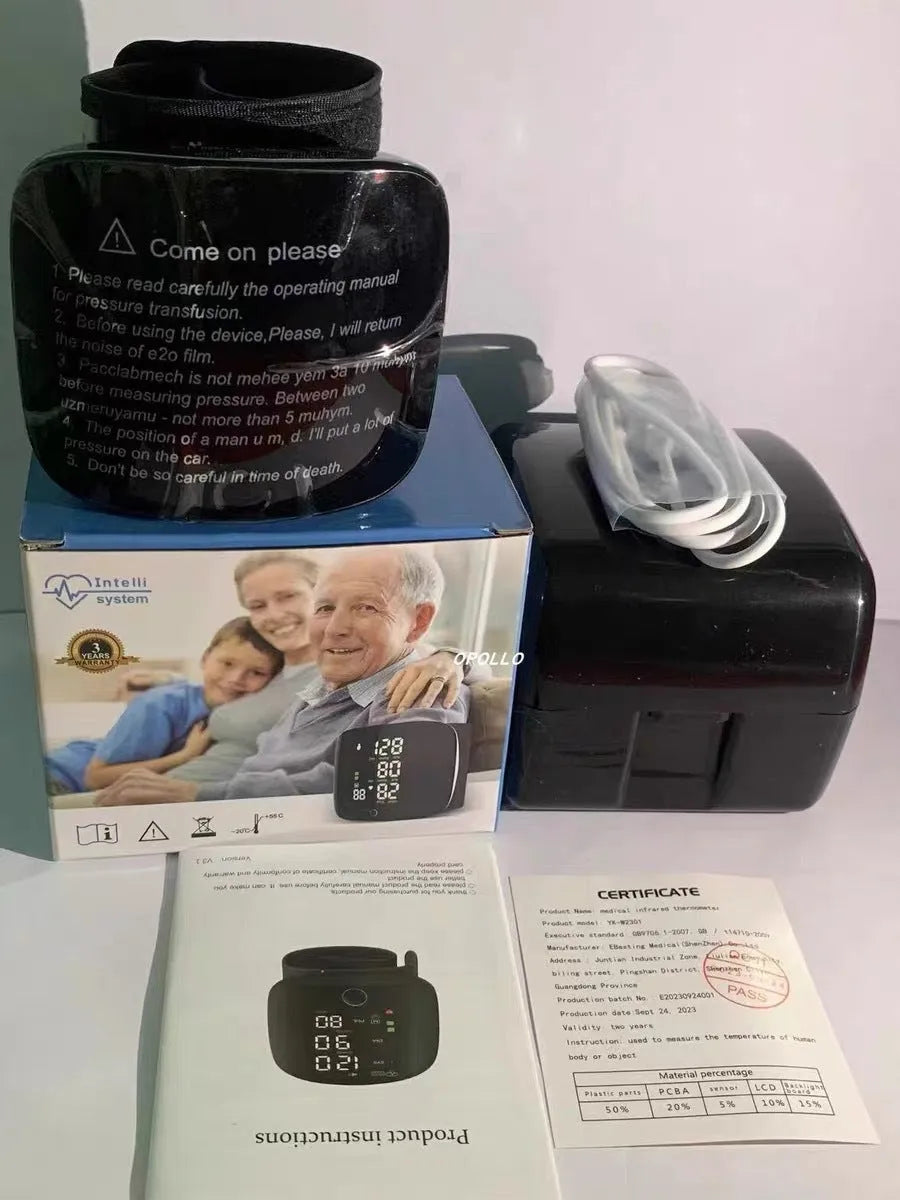 Black wrist blood pressure monitor with digital LCD screen and USB charging port