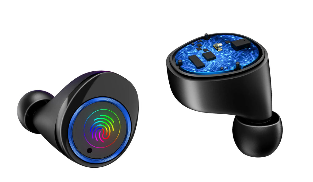X11 black Bluetooth wireless earbuds with charging case showing touch controls and silicone ear sleeves