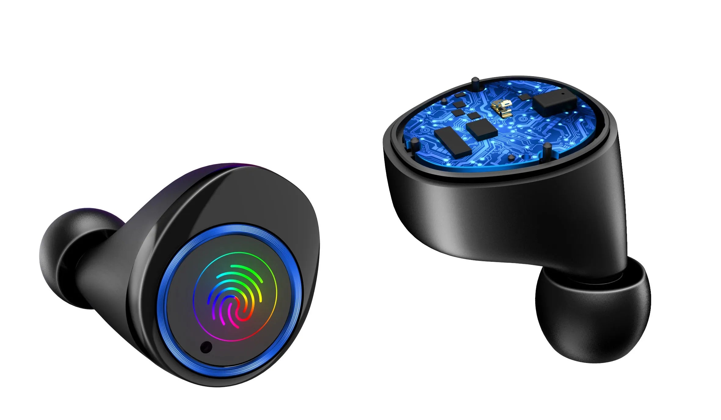 X11 black Bluetooth wireless earbuds with charging case showing touch controls and silicone ear sleeves