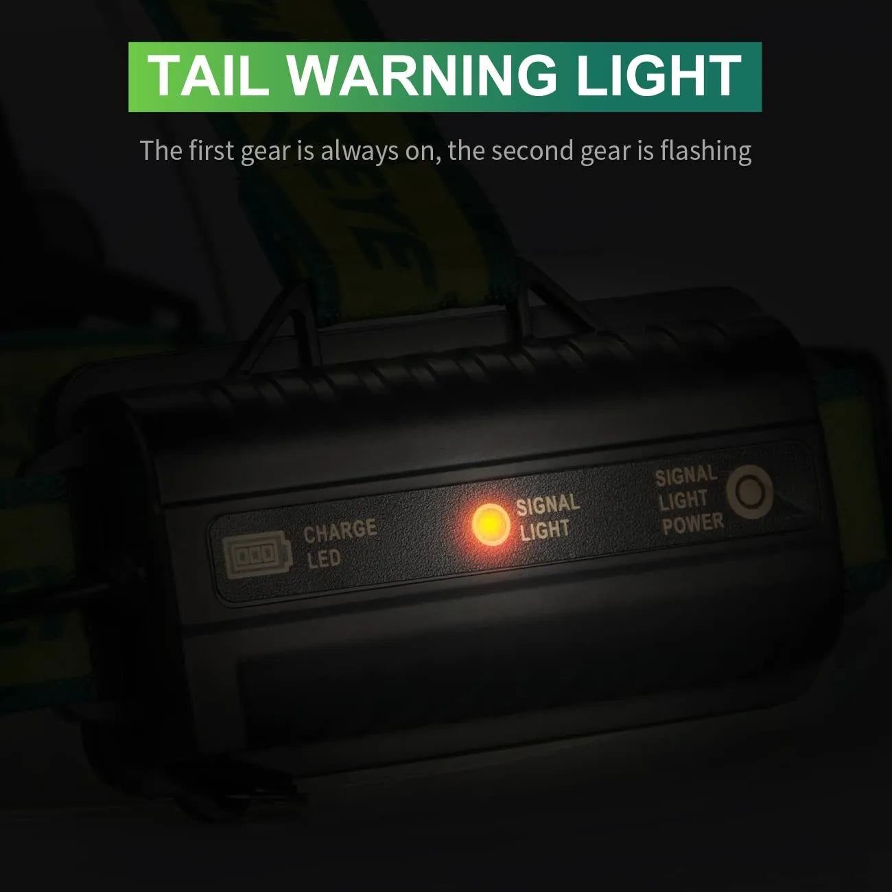 Yellow-green USB rechargeable outdoor headlamp with 5 LEDs on an adjustable head strap.