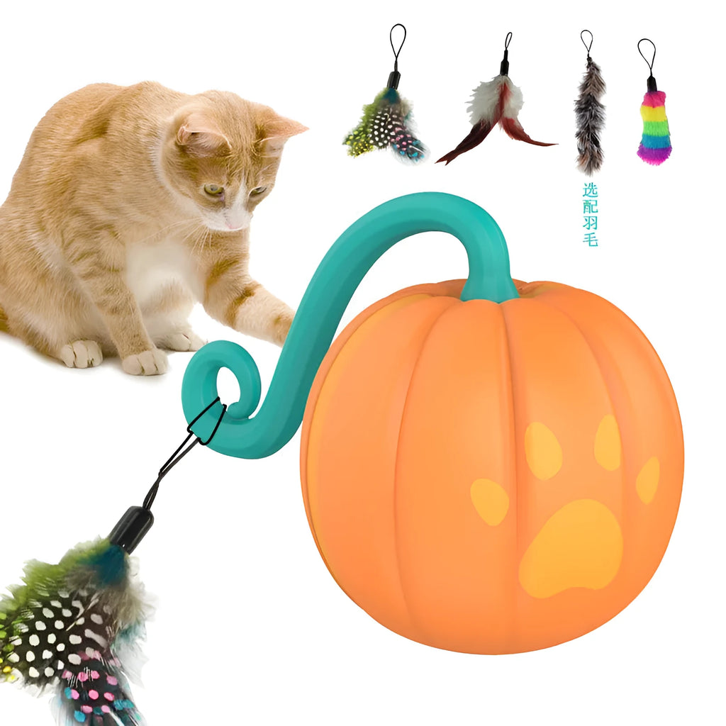 Electric cat luminous ball toy in watermelon or pumpkin design with automatic rotation