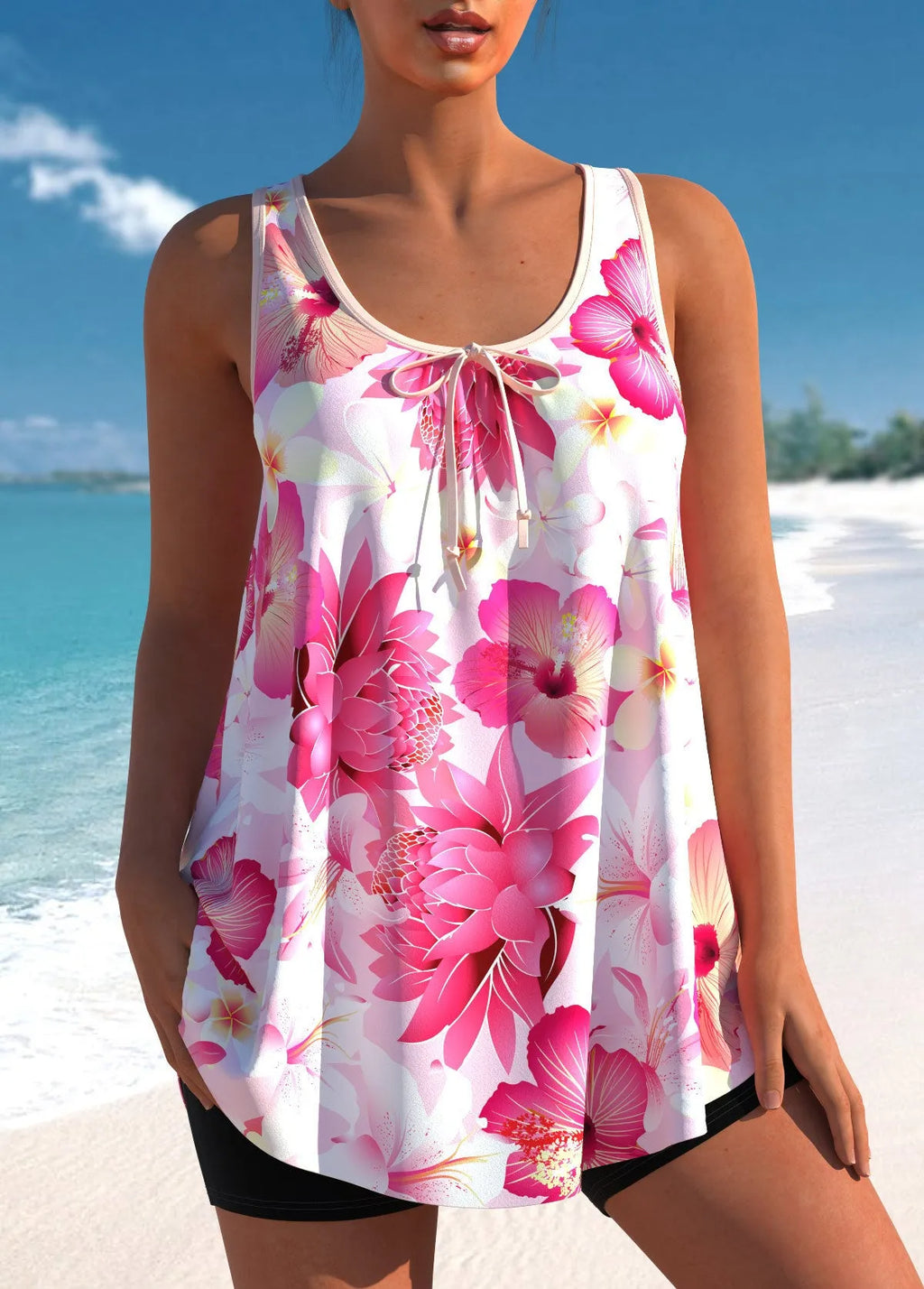 Pink printed tankini swimsuit with high-waist briefs for plus-size women