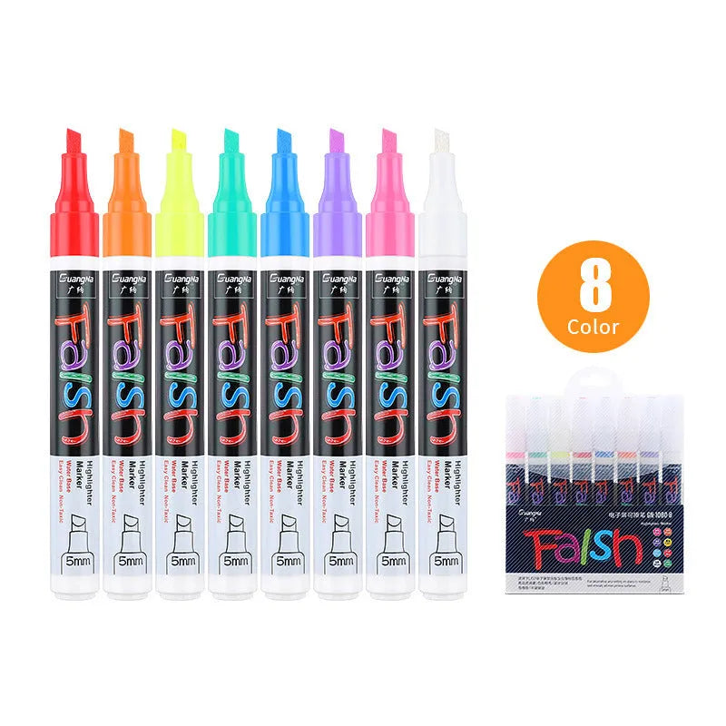 Electronic fluorescent board highlighter with oblique plastic body and a 6mm tip, shown with multi-colour refill options.