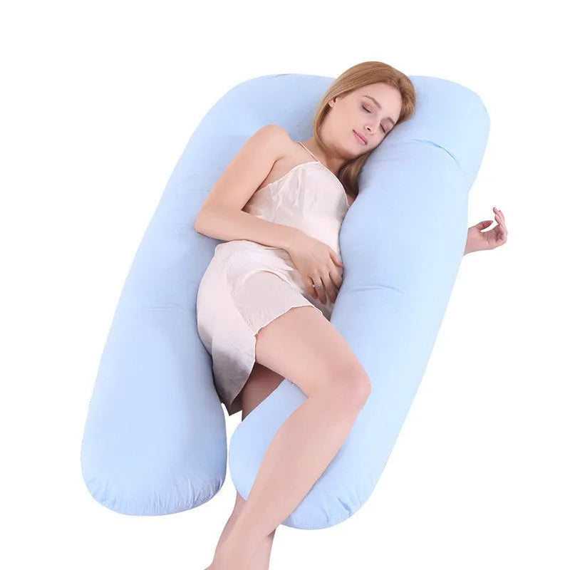 Large U-shaped pregnancy support pillow with removable cover in choice of fabrics.