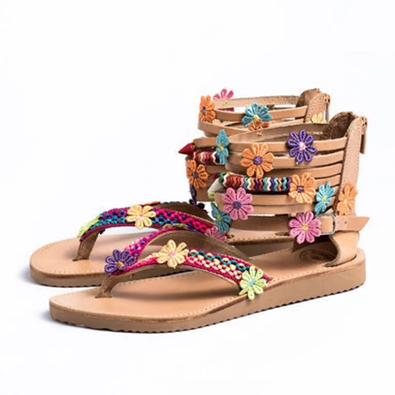 Women's Roman sandals with beaded petal design on artificial PU upper in round toe shape
