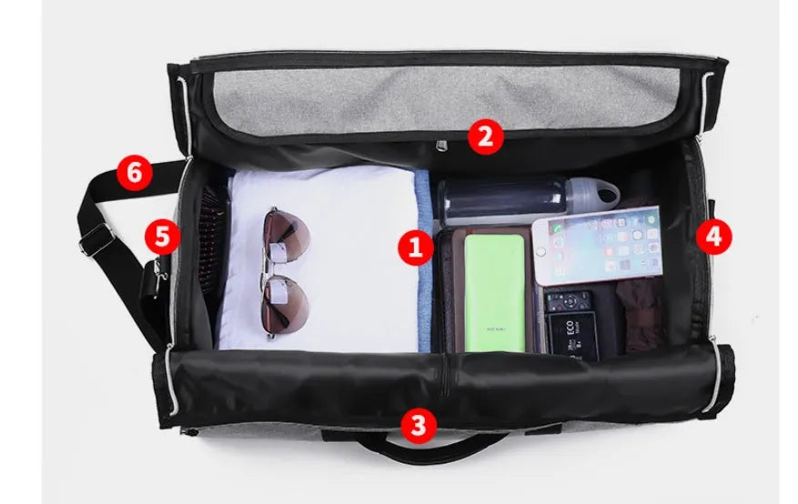 Cylinder-shaped travel bag in red colour with zipper closure and carrying handles