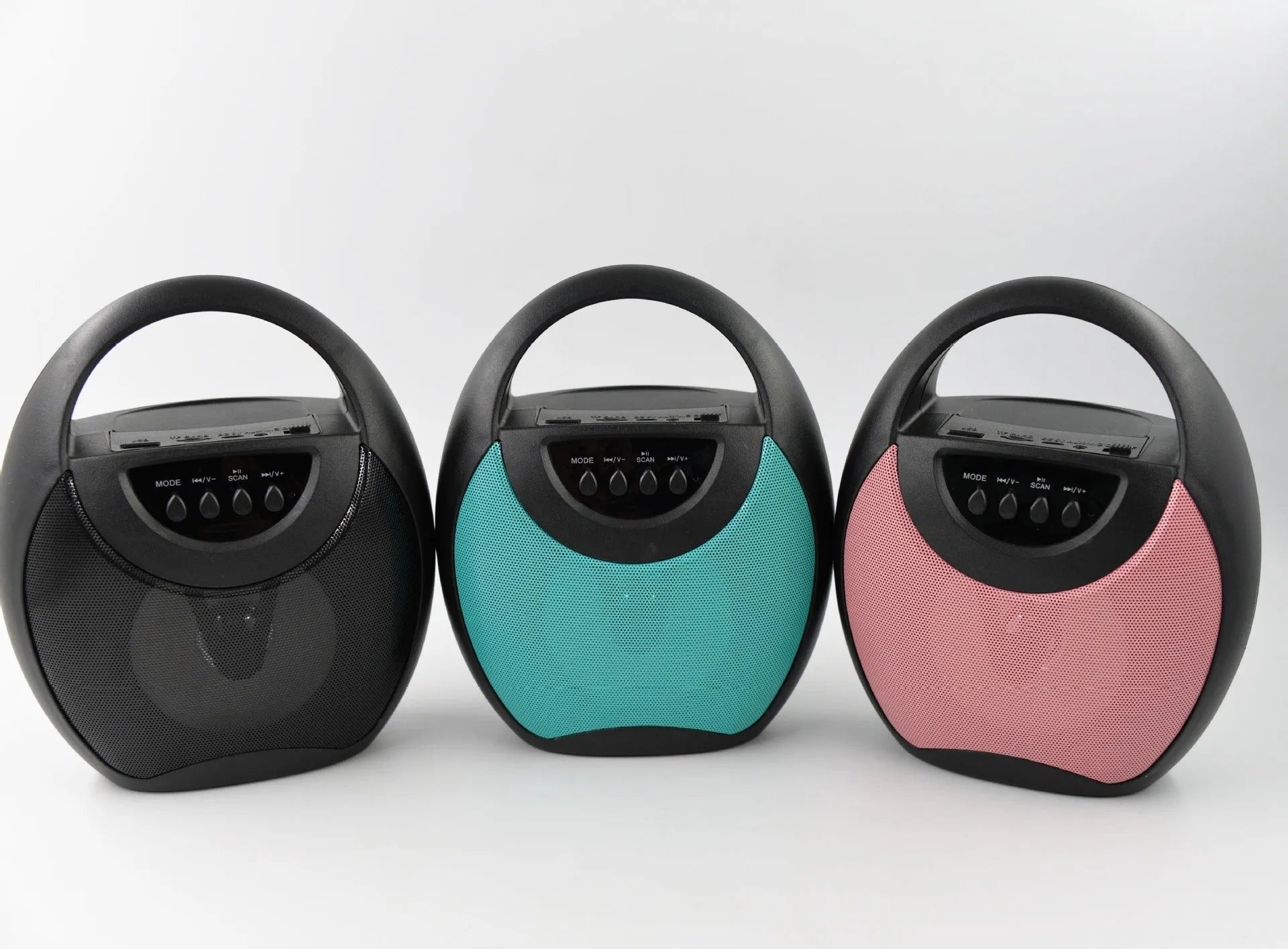 Portable Bluetooth speaker in black, blue, or pink colour with USB and SD card slots