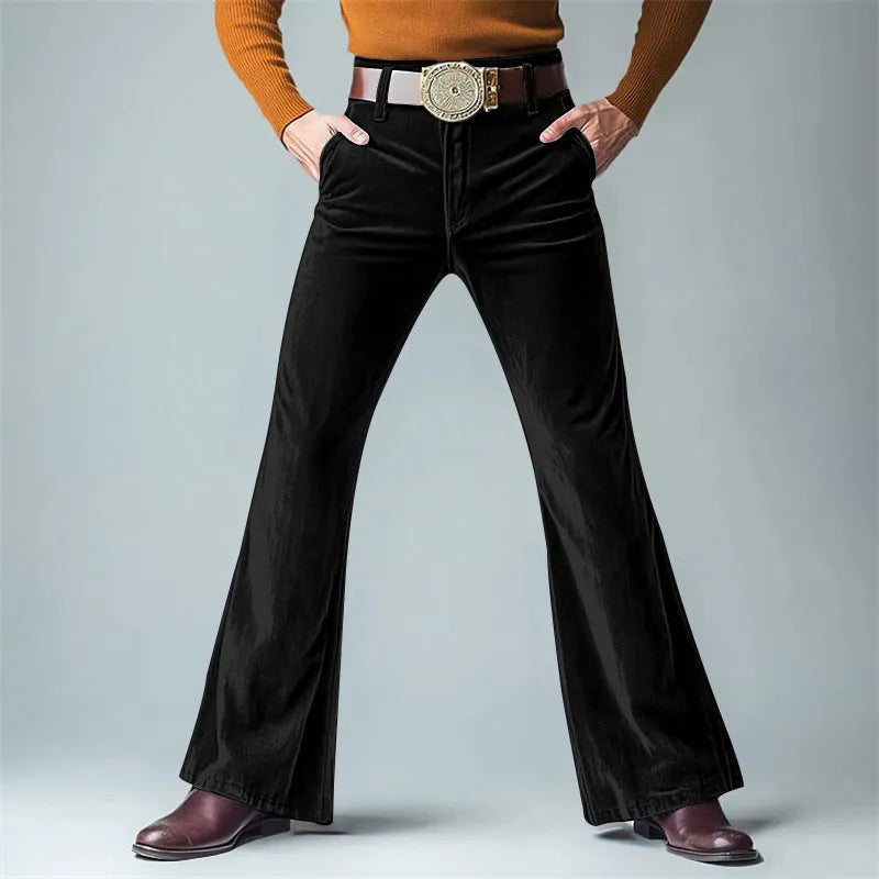 Men's gold velvet slim flared trousers in multiple colours for formal casual wear