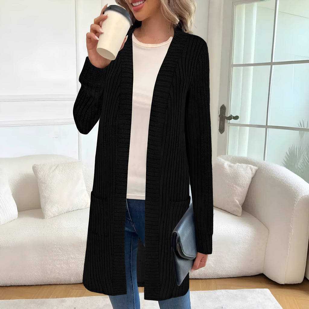Long sleeve loose fit knitted cardigan jacket with pockets in polyester fabric