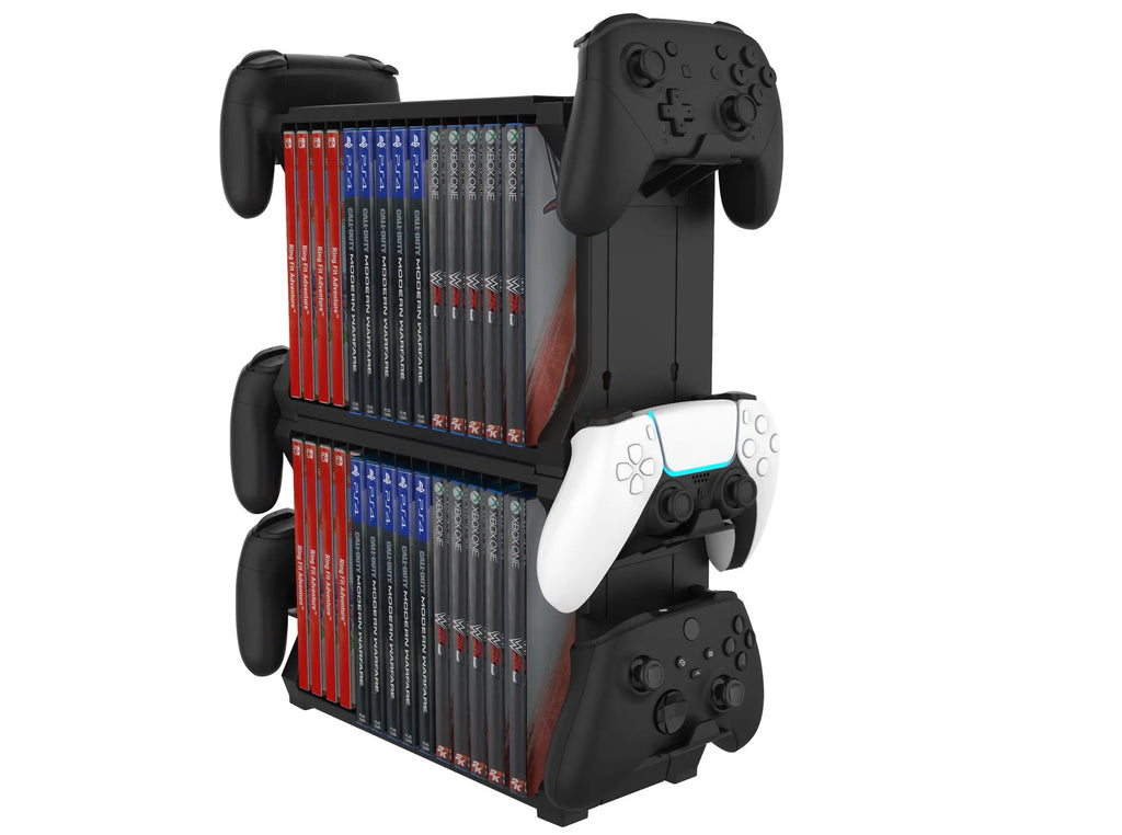 Black PS5 and Xbox Series X disc holder with integrated controller stand organising game cartridges
